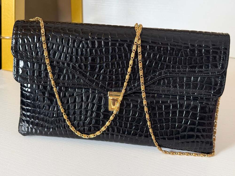 Kate Landry Black Crocodile Embossed Patent Leather Shoulder Bag with Gold-Tone